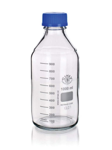 Frasco graduado con tapa a rosca azul autoclavable Simax