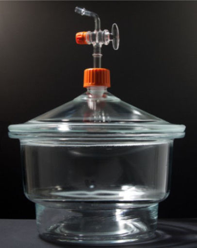 Desecador en vidrio claro, con llave y tapa. Normax