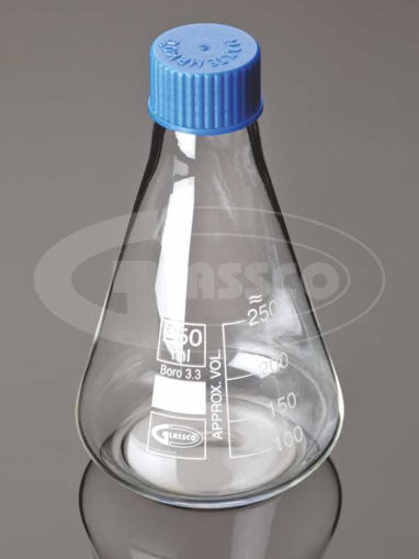 Erlenmeyer cónico, tapa rosca plástica, ASTM. Glassco