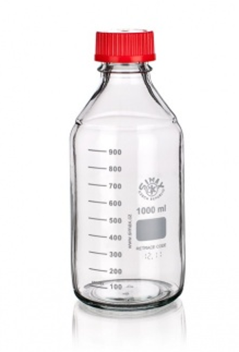 Frasco graduado con tapa a rosca roja, vidrio claro. Simax