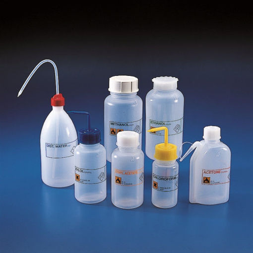 Etiquetas adhesivas, trasparentes para botellas de lavado, de acuerdo con la norma NFPA (National Fire Protection Agency) Marcado para agua destilada, 130x35 mm., hoja x 10