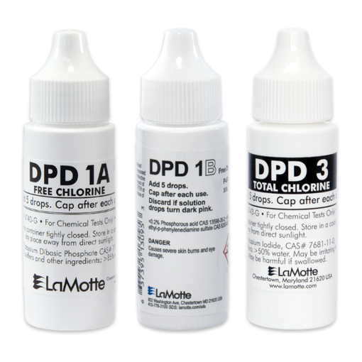 Kit líquidos de pruebas cloro libre y total, DPD 1A + 1B + DPD3, 144 pruebas, 30 ml. LaMotte