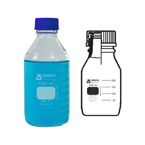 Frasco en vidrio, tapa rosca azul PP, vidrio claro. Boeco