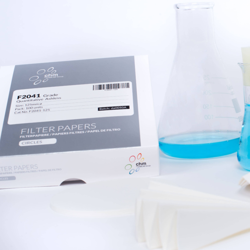 Papel filtro grado F2041, cuantitativo, 125 mm, banda blanca, x 100 uds. CHMLab