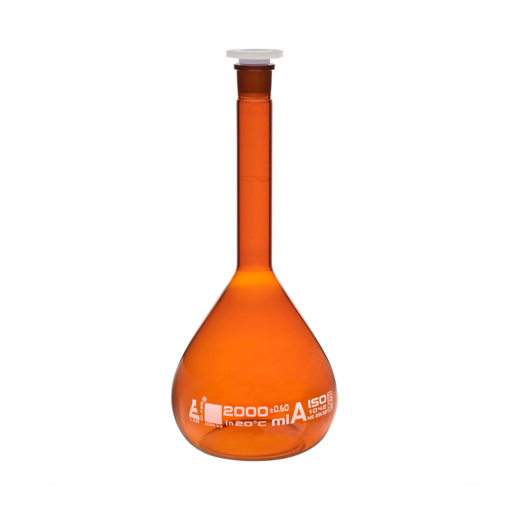 Balón volumétrico, clase A, ambar, tapón PE, certificado x lote. Eisco