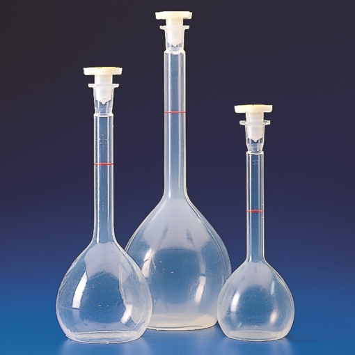 Balón volumétrico plástico, aforado, tapón teflón. Kartell
