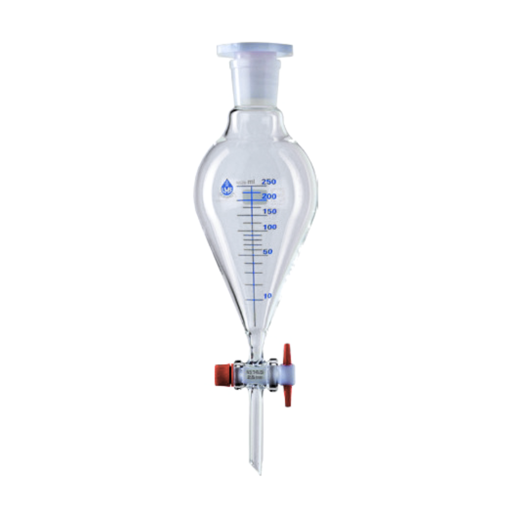 Embudo de separación, Squibb, vidrio, tapón PE, llave paso PTFE. LMS