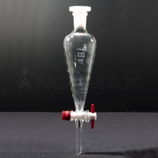 Embudo de separación, vidrio, tapón de plástico, llave PTFE. Normax