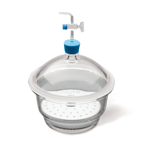 Desecador, vidrio, llave de vacío, placa acero. Simax