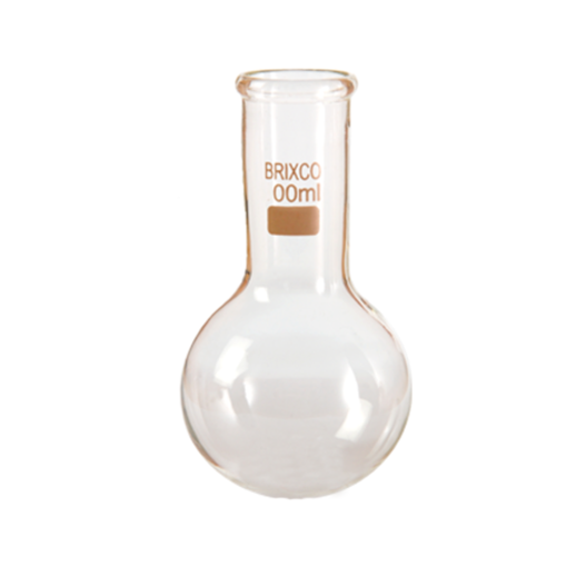 Balón, vidrio, fondo plano, cuello largo, x paquete. Brixco