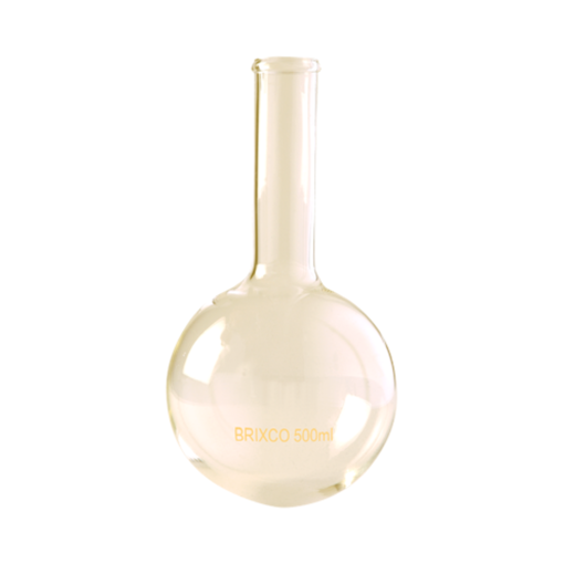 Balón, vidrio, fondo redondo, cuello largo, x paquete. Brixco