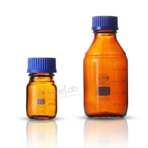 Frasco tapa rosca azul, GL 45 vidrio ámbar. JSW