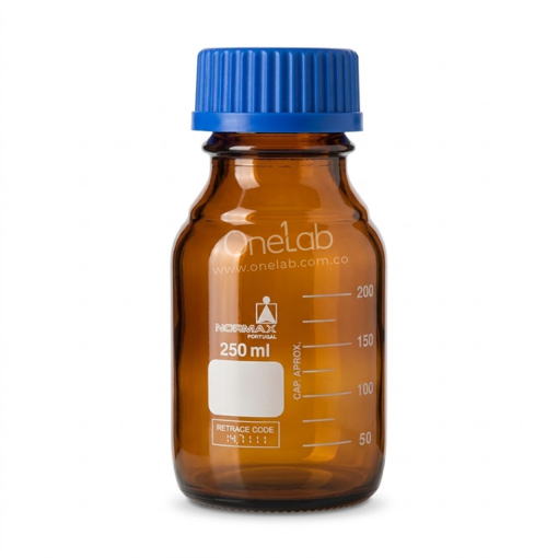 Frasco, vidrio, ambar, 50 ml, graduado, tapa a rosca azul. Normax